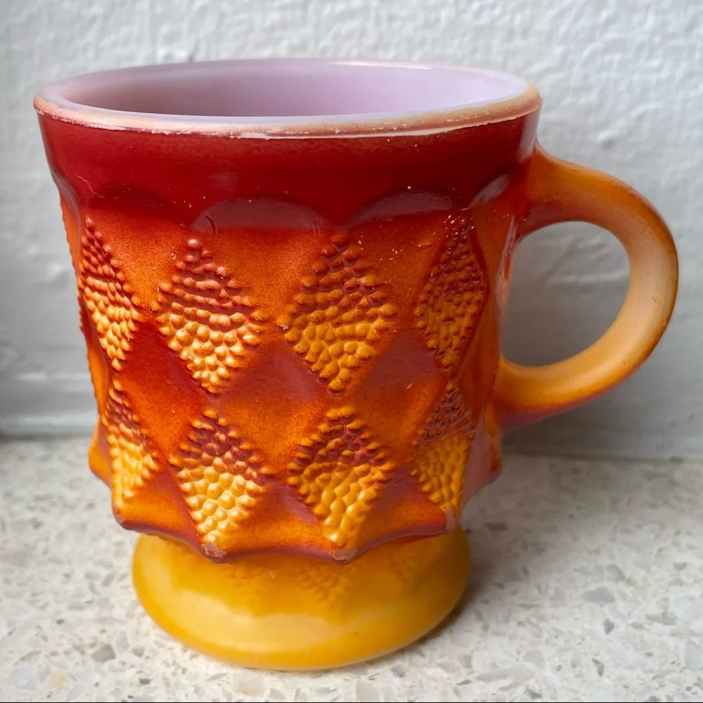 Vintage Fire King Red & Orange Diamond Anchor Hocking Coffee Mug Milk Glass